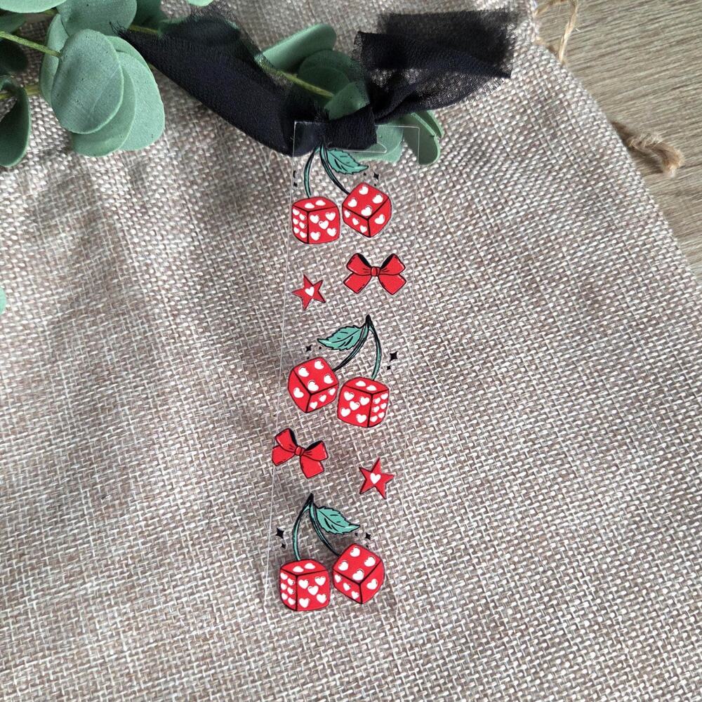 Lucky Cherry Dice Bow Bookmark, Kawaii Red Heart Clear Acrylic Page Marker Gift